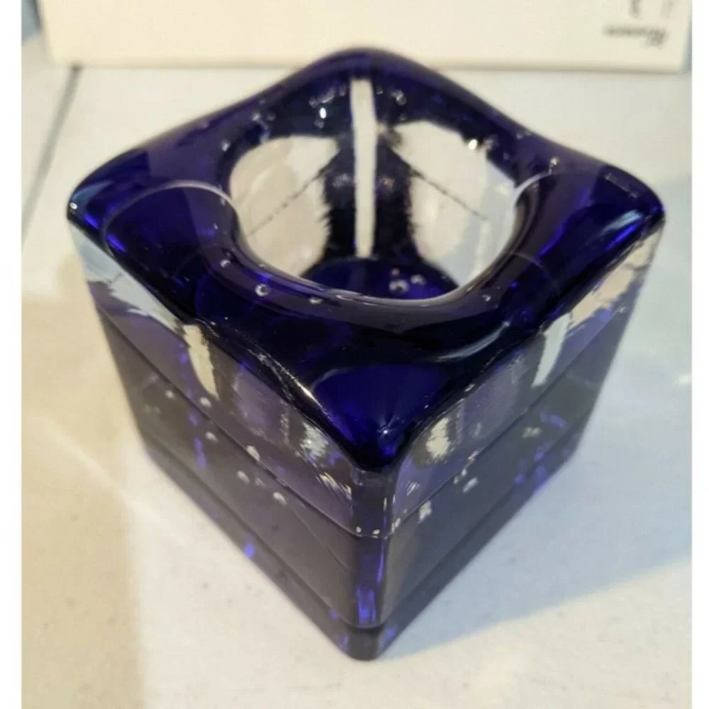 Heavy Art Glass Cobalt Blue Clear Votive Candle Holder Square Paper Clip Weight